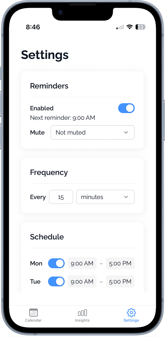TimeTracer reminders view